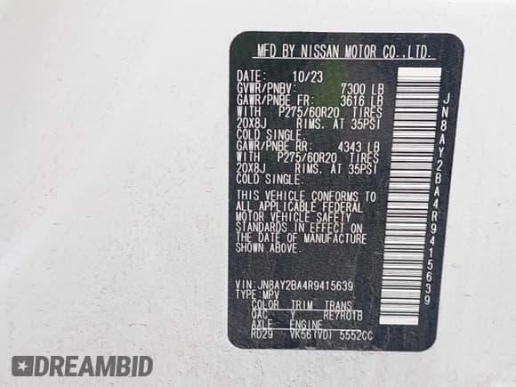 ✅ 2024 Nissan Armada SL • VIN: JN8AY2BA4R9415639 • Lot: 43104183. Wystawiony na IAAI z przebiegiem 36 480 mil. Bezpłatny archiwum sprzedaży aukcyjnych z USA i szczegółowy raport historii pojazdu na DreamBid. Zdjęcie 9.