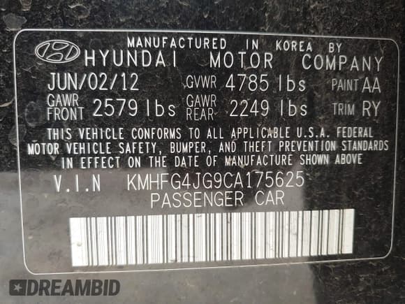 ✅ 2012 Hyundai Azera • VIN: KMHFG4JG9CA175625 • Lot: 42991175. Wystawiony na IAAI z przebiegiem 149 413 mil. Bezpłatny archiwum sprzedaży aukcyjnych z USA i szczegółowy raport historii pojazdu na DreamBid. Zdjęcie 9.