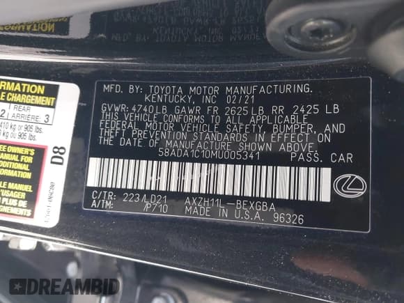 ✅ 2021 Lexus ES 300h • VIN: 58ADA1C10MU005341 • Lot: 42348403. Listed on IAAI with 53,991 mi. Free auction sales archive from the USA and detailed vehicle history report at DreamBid. Image 9.