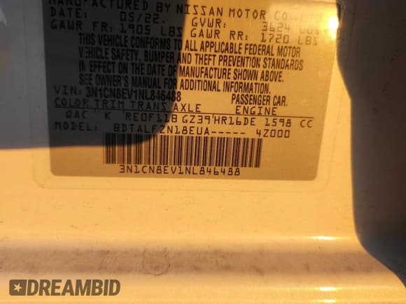 ✅ 2022 Nissan Versa SV • VIN: 3N1CN8EV1NL846488 • Лот: 87397605. Опубликован ранее на Copart с пробегом 6 546 миль. Бесплатный доступ к архиву аукционных продаж из США и подробный отчёт об истории автомобиля на DreamBid. Изображение 13.