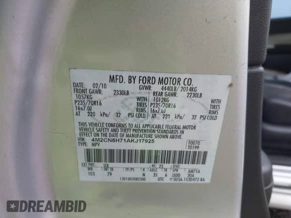 2010 Mercury Mariner Premier с VIN 4M2CN8H71AKJ17925, выставлен на аукционе IAAI как лот 41450154 с пробегом 247 651 миль миль и . История ставок и продаж доступна на DreamBid. Изображение 9.