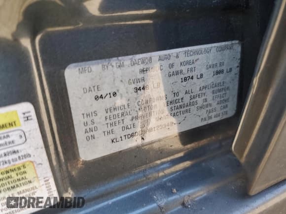 ✅ 2010 Chevrolet Aveo 1LT • VIN: KL1TD6DE9AB123349 • Lot: 47057355. Wystawiony na Copart z przebiegiem 128 192 mil. Bezpłatny archiwum sprzedaży aukcyjnych z USA i szczegółowy raport historii pojazdu na DreamBid. Zdjęcie 12.