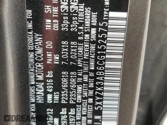 ✅ 2012 Hyundai Santa Fe Limited • VIN: 5XYZK3AB6CG152575 • Lot: 87521685. Listed on Copart with 92,260 mi. Free auction sales archive from the USA and detailed vehicle history report at DreamBid. Image 13.