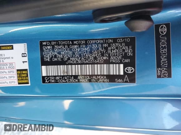 ✅ 2010 Scion tC • VIN: JTKDE3B76A0316432 • Lot: 64975105. Listed on Copart with 100,756 mi. Free auction sales archive from the USA and detailed vehicle history report at DreamBid. Image 12.