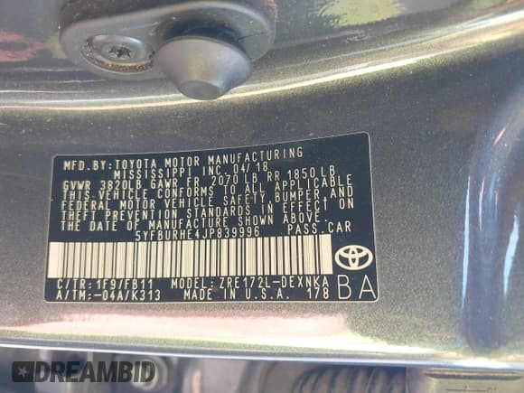 ✅ 2018 Toyota Corolla LE • VIN: 5YFBURHE4JP839996 • Lot: 43764516. Listed on IAAI with 168,545 mi. Free auction sales archive from the USA and detailed vehicle history report at DreamBid. Image 9.