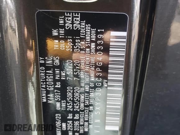 ✅ 2023 Kia Telluride EX X-Line • VIN: 5XYP3DGC3PG403391 • Lot: 92911245. Listed on Copart with 50,475 mi. Free auction sales archive from the USA and detailed vehicle history report at DreamBid. Image 14.