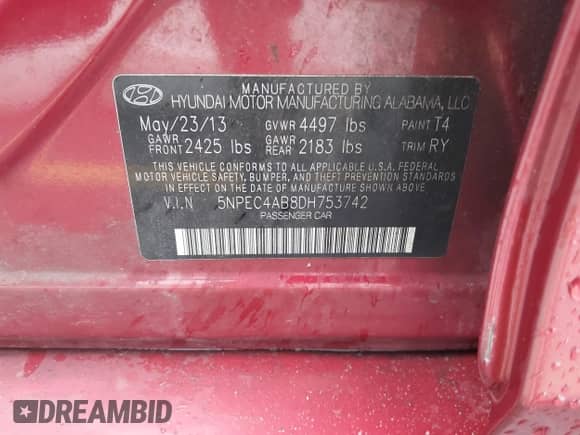 2013 Hyundai Sonata SE with VIN 5NPEC4AB8DH753742, listed as a IAAI auction lot 43331664 with 156,896 mi miles and . Bid and sale history available at DreamBid. Image 9.