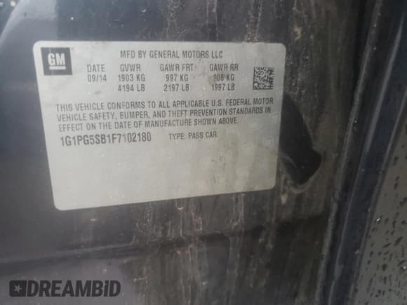 ✅ 2015 Chevrolet Cruze LTZ • VIN: 1G1PG5SB1F7102180 • Lot: 70275542. Listed on Copart with Not provided. Free auction sales archive from the USA and detailed vehicle history report at DreamBid. Image 12.