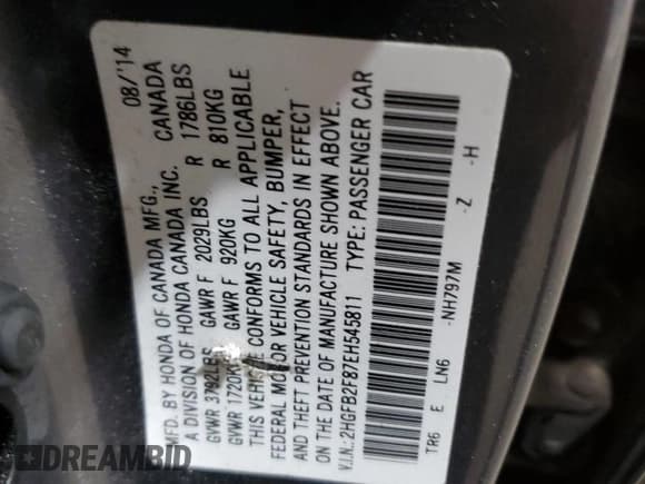 ✅ 2014 Honda Civic EX • VIN: 2HGFB2F87EH545811 • Lot: 81429475. Wystawiony na Copart z przebiegiem 181 285 mil. Bezpłatny archiwum sprzedaży aukcyjnych z USA i szczegółowy raport historii pojazdu na DreamBid. Zdjęcie 13.