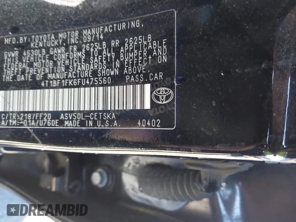 ✅ 2015 Toyota Camry SE • VIN: 4T1BF1FK6FU475560 • Lot: 43662180. Wystawiony na IAAI z przebiegiem 198 182 mil. Bezpłatny archiwum sprzedaży aukcyjnych z USA i szczegółowy raport historii pojazdu na DreamBid. Zdjęcie 9.