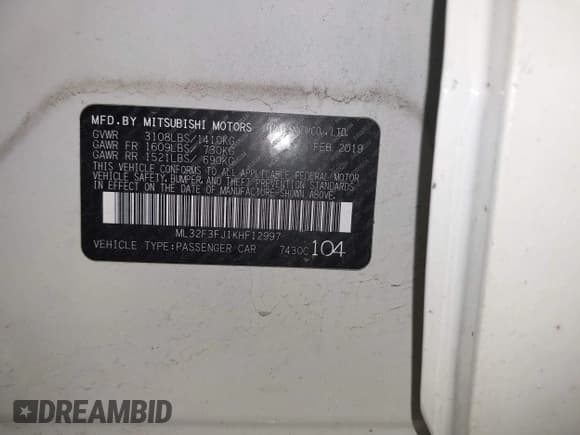 ✅ 2019 Mitsubishi Mirage ES • VIN: ML32F3FJ1KHF12997 • Lot: 42060181. Listed on IAAI with 89,393 mi. Free auction sales archive from the USA and detailed vehicle history report at DreamBid. Image 9.