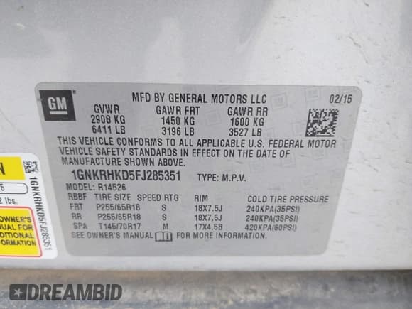 ✅ 2015 Chevrolet Traverse LT • VIN: 1GNKRHKD5FJ285351 • Lot: 43812354. Listed on IAAI with 175,066 mi. Free auction sales archive from the USA and detailed vehicle history report at DreamBid. Image 9.