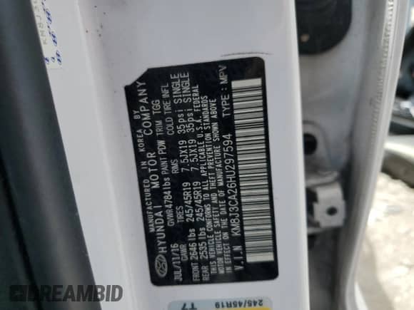 2017 Hyundai Tucson Night Edition with VIN KM8J3CA26HU297594, listed as a Copart auction lot 61288665 with 112,195 mi miles and Salvage title. Bid and sale history available at DreamBid. Image 13.