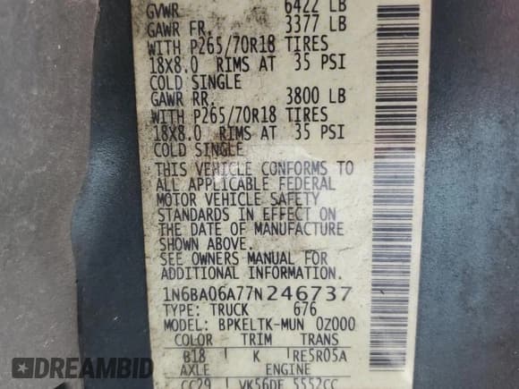 ✅ 2007 Nissan Titan SE • VIN: 1N6BA06A77N246737 • Lot: 81401075. Listed on Copart with 185,972 mi. Free auction sales archive from the USA and detailed vehicle history report at DreamBid. Image 13.