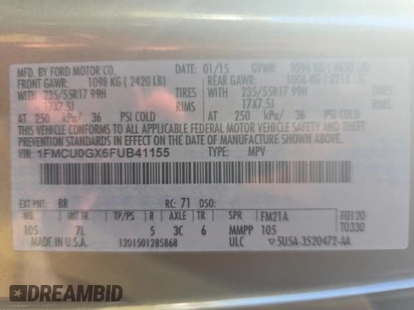 ✅ 2015 Ford Escape SE • VIN: 1FMCU0GX6FUB41155 • Lot: 53193725. Wystawiony na Copart z przebiegiem 184 265 mil. Bezpłatny archiwum sprzedaży aukcyjnych z USA i szczegółowy raport historii pojazdu na DreamBid. Zdjęcie 10.