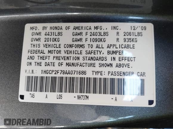 ✅ 2010 Honda Accord EX • VIN: 1HGCP2F79AA071686 • Lot: 43838593. Listed on IAAI with 181,120 mi. Free auction sales archive from the USA and detailed vehicle history report at DreamBid. Image 9.