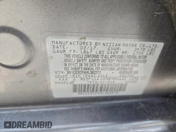 ✅ 2017 Nissan Note SV • VIN: 3N1CE2CP4HL362272 • Lot: 95194715. Listed on Copart with 137,004 mi. Free auction sales archive from the USA and detailed vehicle history report at DreamBid. Image 12.