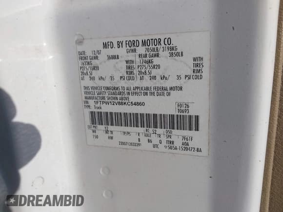 ✅ 2008 Ford F-150 XLT • VIN: 1FTPW12V88KC54860 • Lot: 43335939. Wystawiony na IAAI z przebiegiem 198 014 mil. Bezpłatny archiwum sprzedaży aukcyjnych z USA i szczegółowy raport historii pojazdu na DreamBid. Zdjęcie 9.