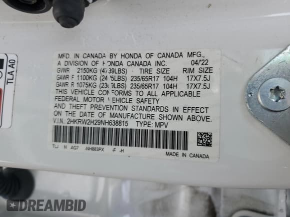 ✅ 2022 Honda CR-V LX • VIN: 2HKRW2H29NH638815 • Lot: 46256145. Listed on Copart with 35,545 mi. Free auction sales archive from the USA and detailed vehicle history report at DreamBid. Image 13.