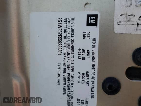 2005 Chevrolet Impala с VIN 2G1WF52E559238351, выставлен на аукционе Copart как лот 72417044 с пробегом 106 059 миль миль и Списание • Salvage title. История ставок и продаж доступна на DreamBid. Изображение 14.