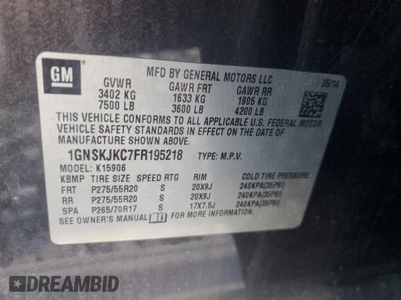 ✅ 2015 Chevrolet Suburban LT • VIN: 1GNSKJKC7FR195218 • Lot: 92090005. Listed on Copart with 257,730 mi. Free auction sales archive from the USA and detailed vehicle history report at DreamBid. Image 13.