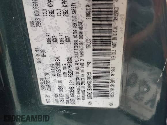 1999 Dodge 1500 with VIN 1B7HC16X0XS128659, listed as a Copart auction lot 59984365 with 192,528 mi miles and Salvage title. Bid and sale history available at DreamBid. Image 12.