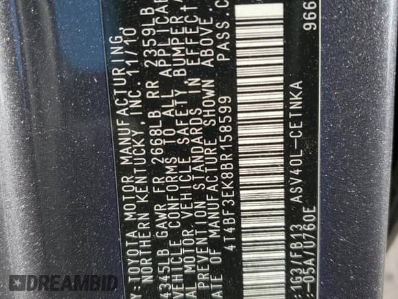 2011 Toyota Camry LE с VIN 4T4BF3EK8BR158599, выставлен на аукционе Copart как лот 90516455 с пробегом 180 353 миль миль и Списание • Salvage title. История ставок и продаж доступна на DreamBid. Изображение 12.