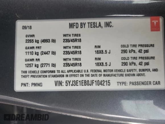 ✅ 2018 Tesla Model 3 Long Range Battery • VIN: 5YJ3E1EB0JF104215 • Lot: 91839935. Listed on Copart with 33,940 mi. Free auction sales archive from the USA and detailed vehicle history report at DreamBid. Image 12.
