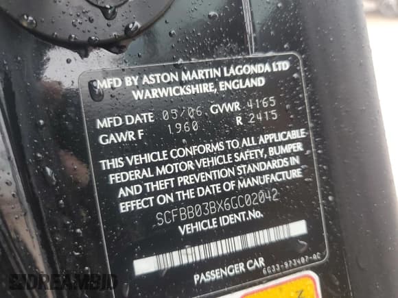 ✅ 2006 Aston Martin Vantage • VIN: SCFBB03BX6GC02042 • Лот: 42527075. Опубликован ранее на Copart с пробегом 61 538 миль. Бесплатный доступ к архиву аукционных продаж из США и подробный отчёт об истории автомобиля на DreamBid. Изображение 12.