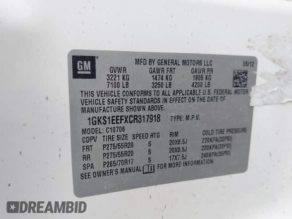 ✅ 2012 GMC Yukon Denali • VIN: 1GKS1EEFXCR317918 • Lot: 43254497. Listed on IAAI with 194,215 mi. Free auction sales archive from the USA and detailed vehicle history report at DreamBid. Image 9.