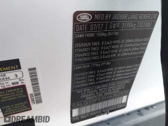 ✅ 2017 Land Rover Range Rover • VIN: SALGS5FE6HA362535 • Lot: 42384925. Listed on IAAI with 116,989 mi. Free auction sales archive from the USA and detailed vehicle history report at DreamBid. Image 9.