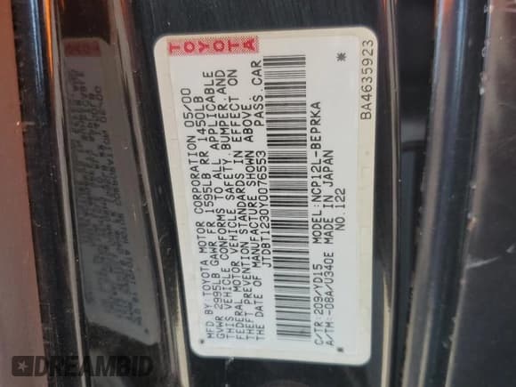 ✅ 2000 Toyota ECHO • VIN: JTDBT1230Y0076553 • Лот: 64695835. Опубликован ранее на Copart с пробегом 209 849 миль. Бесплатный доступ к архиву аукционных продаж из США и подробный отчёт об истории автомобиля на DreamBid. Изображение 12.