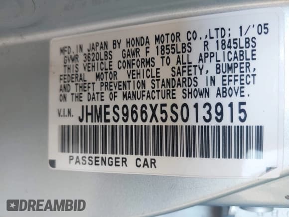 ✅ 2005 Honda Civic • VIN: JHMES966X5S013915 • Lot: 42809729. Listed on IAAI with 198,287 mi. Free auction sales archive from the USA and detailed vehicle history report at DreamBid. Image 9.