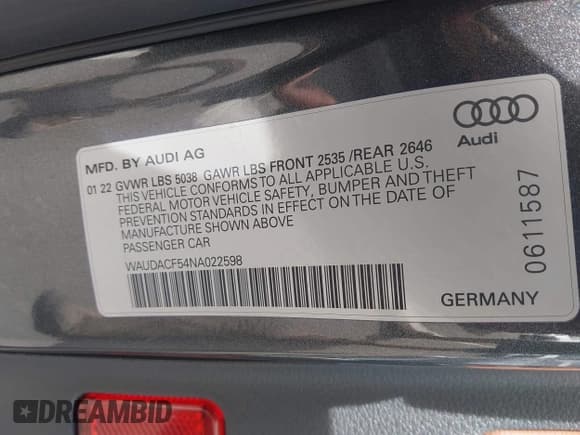 ✅ 2022 Audi A5 Sportback S line Premium • VIN: WAUDACF54NA022598 • Лот: 43374619. Опубликован ранее на IAAI с пробегом 43 338 миль. Бесплатный доступ к архиву аукционных продаж из США и подробный отчёт об истории автомобиля на DreamBid. Изображение 9.