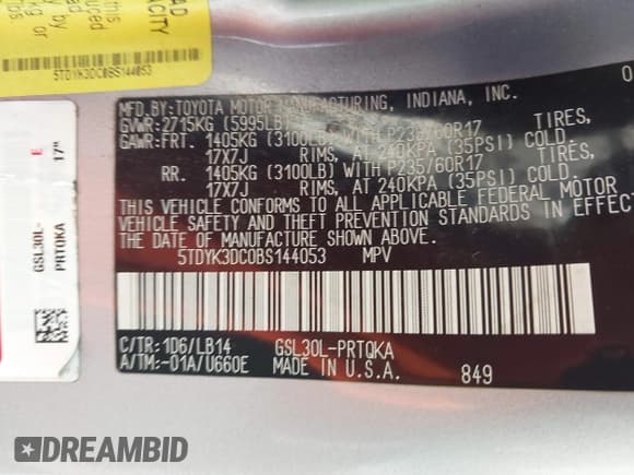 ✅ 2011 Toyota Sienna Limited • VIN: 5TDYK3DC0BS144053 • Lot: 43415700. Listed on IAAI with 189,013 mi. Free auction sales archive from the USA and detailed vehicle history report at DreamBid. Image 9.