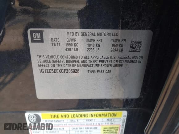 ✅ 2012 Chevrolet Malibu 1LT • VIN: 1G1ZC5E0XCF206926 • Lot: 43149968. Listed on IAAI with 154,766 mi. Free auction sales archive from the USA and detailed vehicle history report at DreamBid. Image 9.