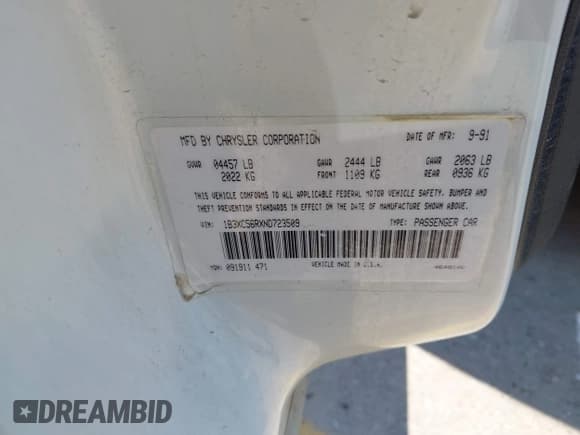 ✅ 1992 Dodge Dynasty LE • VIN: 1B3XC56RXND723509 • Lot: 42769093. Listed on IAAI with 99,589 mi. Free auction sales archive from the USA and detailed vehicle history report at DreamBid. Image 9.