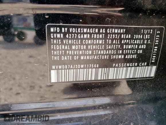 ✅ 2013 Volkswagen Golf w/Conv & Sunroof • VIN: WVWDB7AJ3DW117568 • Lot: 57638805. Listed on Copart with 133,641 mi. Free auction sales archive from the USA and detailed vehicle history report at DreamBid. Image 12.