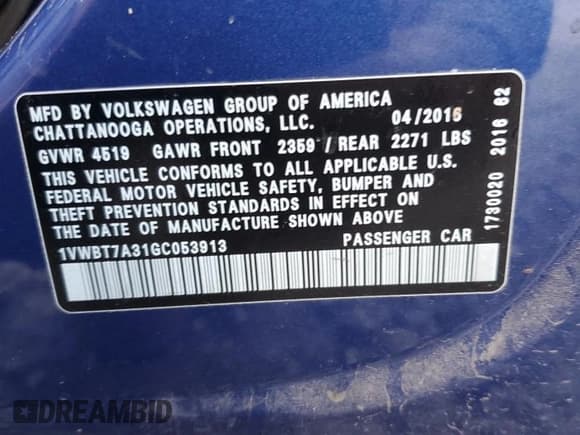 ✅ 2016 Volkswagen Passat SE • VIN: 1VWBT7A31GC053913 • Lot: 90493655. Listed on Copart with 95,762 mi. Free auction sales archive from the USA and detailed vehicle history report at DreamBid. Image 12.