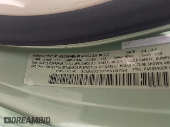 ✅ 2007 Volkswagen Beetle • VIN: 3VWRW31C07M518758 • Lot: 42072875. Listed on IAAI with 85,096 mi. Free auction sales archive from the USA and detailed vehicle history report at DreamBid. Image 9.