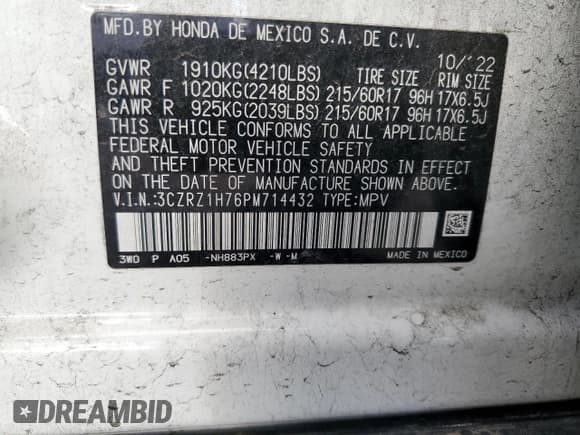 ✅ 2023 Honda HR-V EX-L • VIN: 3CZRZ1H76PM714432 • Lot: 86830335. Listed on Copart with 43,973 mi. Free auction sales archive from the USA and detailed vehicle history report at DreamBid. Image 13.