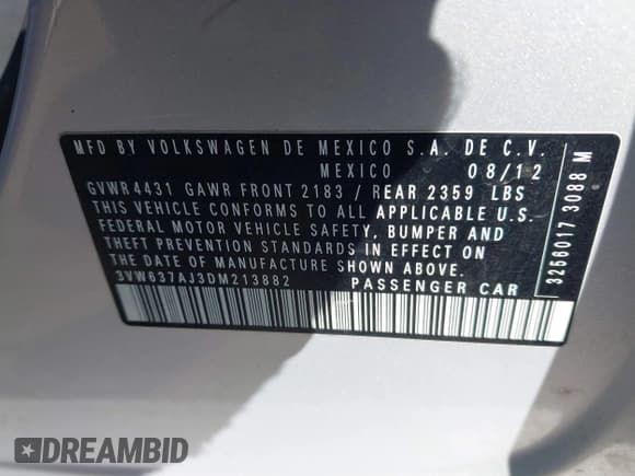 ✅ 2013 Volkswagen Jetta Hybrid SE • VIN: 3VW637AJ3DM213882 • Lot: 42552080. Listed on IAAI with 71,284 mi. Free auction sales archive from the USA and detailed vehicle history report at DreamBid. Image 9.