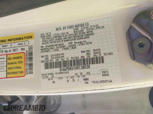 ✅ 2017 Ford Fusion Hybrid Titanium • VIN: 3FA6P0RU1HR138028 • Lot: 43725051. Listed on IAAI with 85,361 mi. Free auction sales archive from the USA and detailed vehicle history report at DreamBid. Image 9.