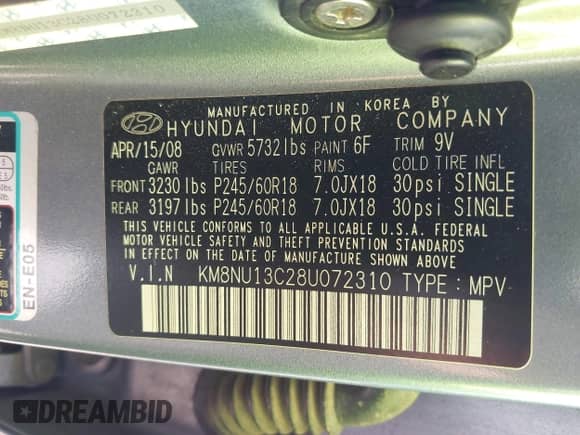 2008 Hyundai Veracruz GLS z VIN KM8NU13C28U072310, wystawiony jako IAAI lot #43589073 z przebiegiem 177 696 mil mil oraz . Historia ofert i sprzedaży dostępna na DreamBid. Obrazek 9.