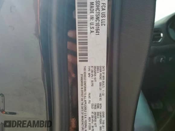 2022 Dodge Durango R/T with VIN 1C4SDHCT5NC101641, listed as a Copart auction lot 67034185 with 76,923 mi miles and Salvage title. Bid and sale history available at DreamBid. Image 13.