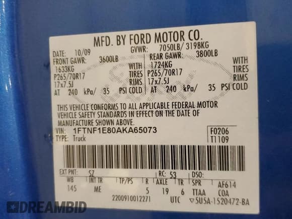 ✅ 2010 Ford F-150 XL • VIN: 1FTNF1E80AKA65073 • Lot: 87073784. Listed on Copart with 152,412 mi. Free auction sales archive from the USA and detailed vehicle history report at DreamBid. Image 15.