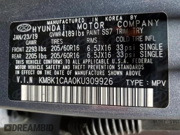 ✅ 2019 Hyundai Kona SE • VIN: KM8K1CAA0KU309926 • Lot: 81049455. Listed on Copart with 59,999 mi. Free auction sales archive from the USA and detailed vehicle history report at DreamBid. Image 13.