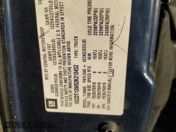 2002 Chevrolet S-10 LS z VIN 1GCDT13W82K218452, wystawiony jako Copart lot #51216535 z przebiegiem Nie podano mil oraz Nie do naprawy • Non repairable. Historia ofert i sprzedaży dostępna na DreamBid. Obrazek 12.