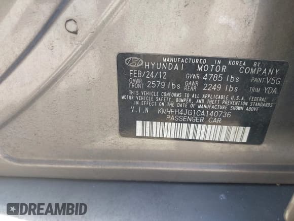 ✅ 2012 Hyundai Azera • VIN: KMHFH4JG1CA140736 • Лот: 42913776. Опубликован ранее на IAAI с пробегом 121 063 миль. Бесплатный доступ к архиву аукционных продаж из США и подробный отчёт об истории автомобиля на DreamBid. Изображение 9.