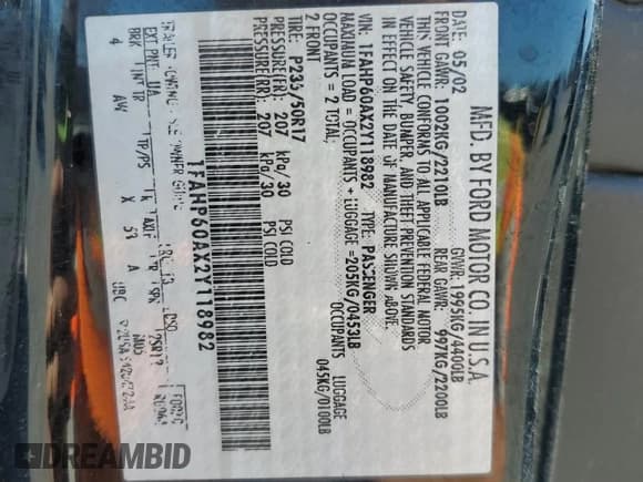✅ 2002 Ford Thunderbird Hardtop Premium • VIN: 1FAHP60AX2Y118982 • Lot: 82323305. Wystawiony na Copart z przebiegiem 101 110 mil. Bezpłatny archiwum sprzedaży aukcyjnych z USA i szczegółowy raport historii pojazdu na DreamBid. Zdjęcie 12.